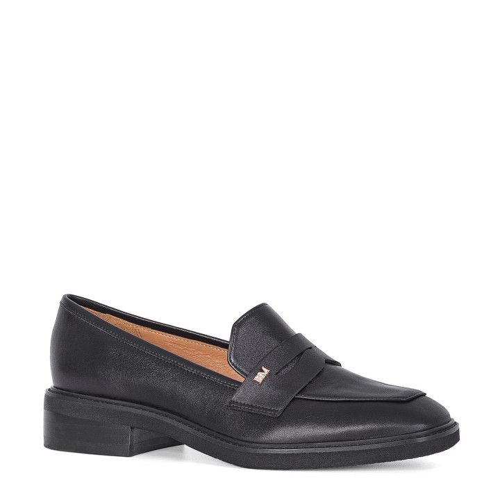Black leather loafers with a black square-toed sole