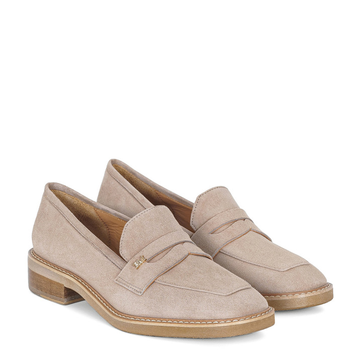 Beige suede loafers with square toes