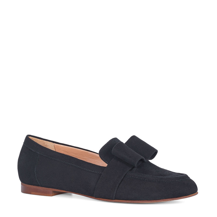 Black suede moccasins with a decorative bow