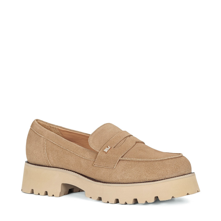 Beige velor moccasins with a high sole