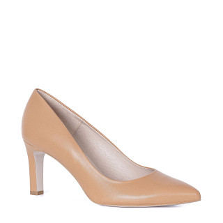 Comfortable pumps with a stable heel made of natural, toffee-colored grain leather