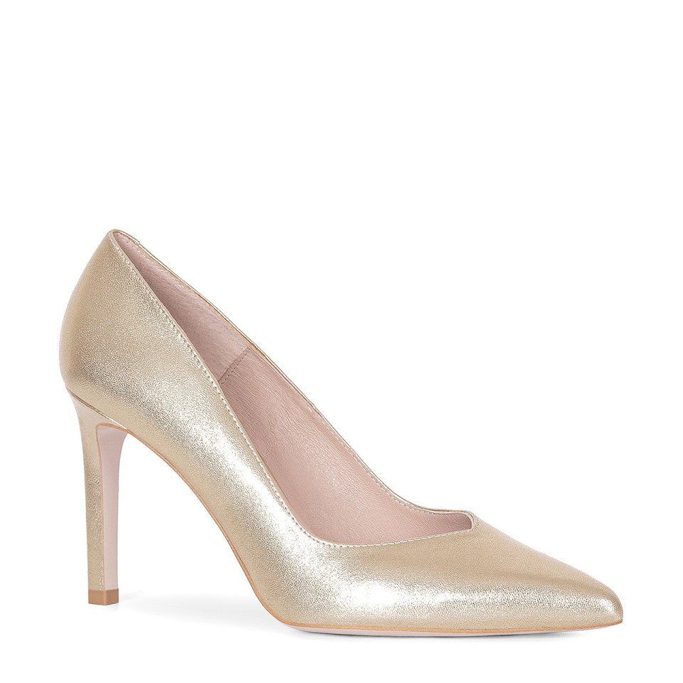 Gold high heels with a cutout on the front, made of natural leather