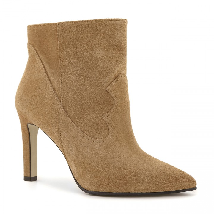Beige ankle boots with a high heel made of natural velour leather with a wide upper
