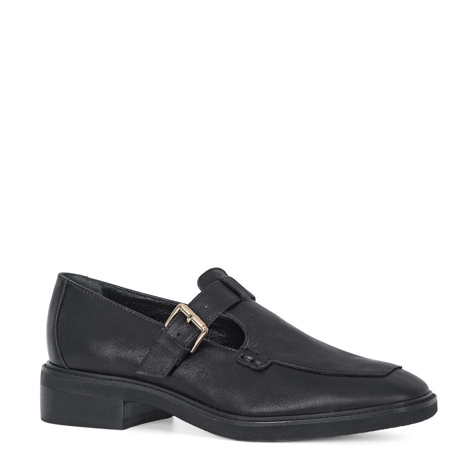 Black moccasins made of natural leather with square toes