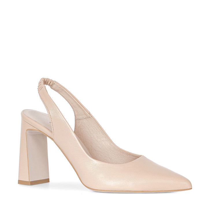 Beige pumps made of natural leather with a wide heel and an open heel