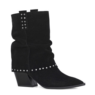 Black velvet cowboy boots with a stable heel and decorative studs