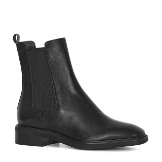 Black leather ankle boots with a flat sole