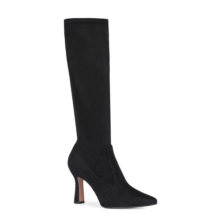 Black high-heeled boots with a fitted upper