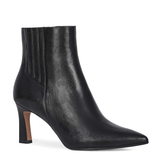 Black leather ankle boots with a geometric heel and decorative stitching