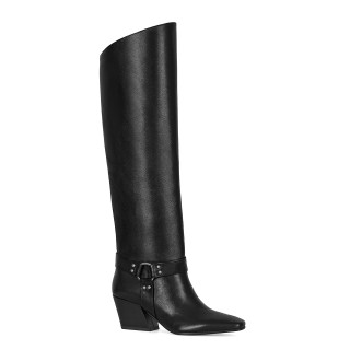 Black leather boots with a geometric upper and an eye-catching decoration