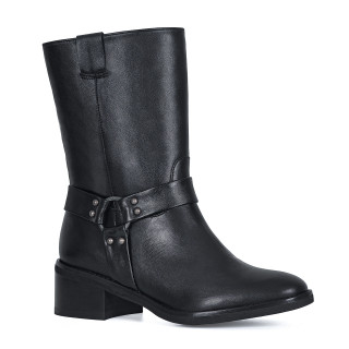 Black leather ankle boots with a loose upper and decoration