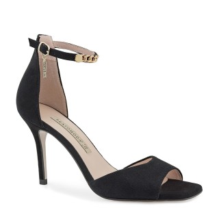 Elegant black suede sandals with ankle strap and stiletto heel