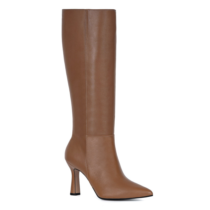 Brown high-heeled boots made of natural grain leather