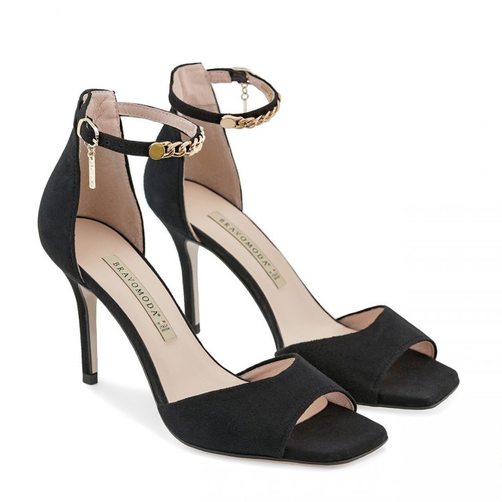Black suede high-heeled sandals with ankle fastening