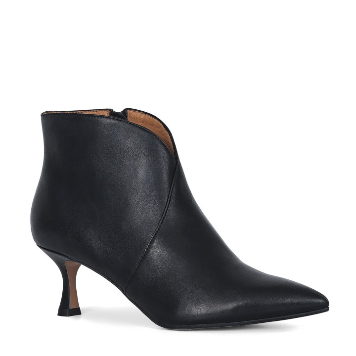 Black leather ankle boots with a geometric heel and a geometric upper