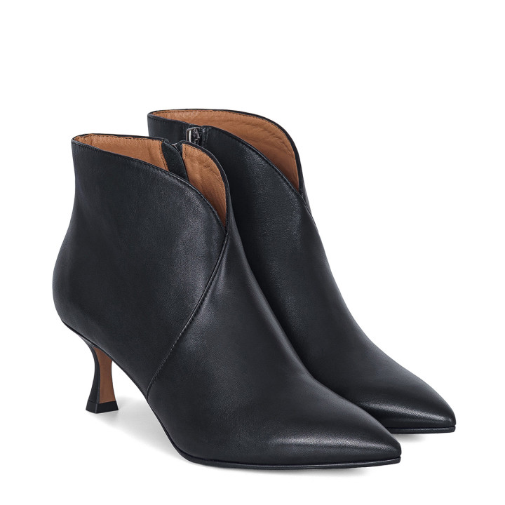 Black leather ankle boots with a geometric heel