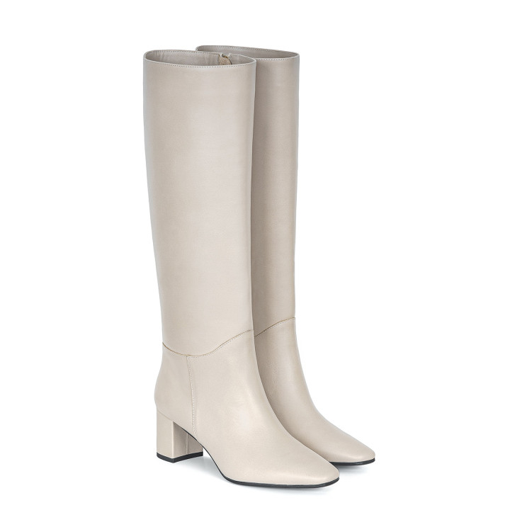 Ivory leather high-heeled boots