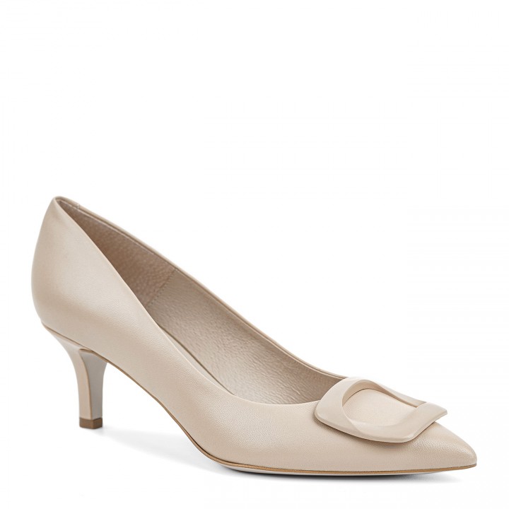 Beige women's high-heeled shoes made of grain leather
