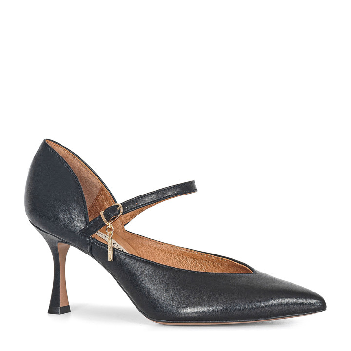 Black high-heeled pumps made of natural grain leather with an adjustable strap