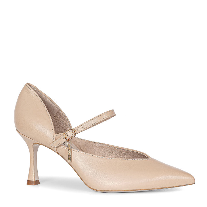 Beige high-heeled pumps made of natural grain leather with an adjustable strap