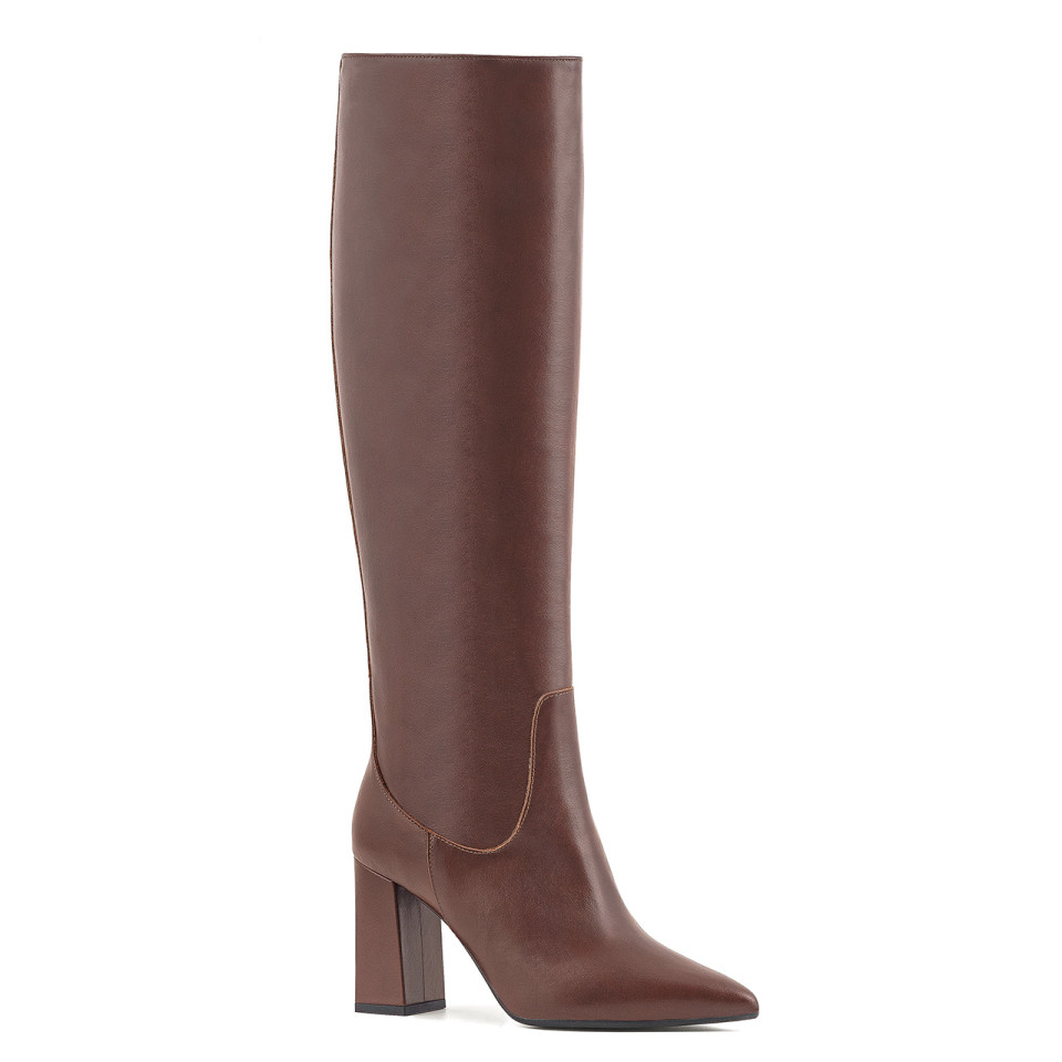 Dark brown slip-on boots with a stable heel, made of natural grain leather