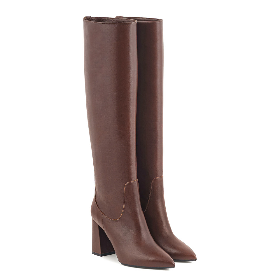 Dark brown boots with a stable heel, made of natural grain leather