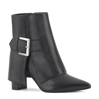 Black leather ankle boots on a stable heel with a buckle and a falling upper