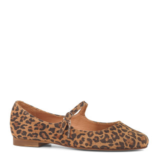 Suede ballet flats with a leopard print and a strap