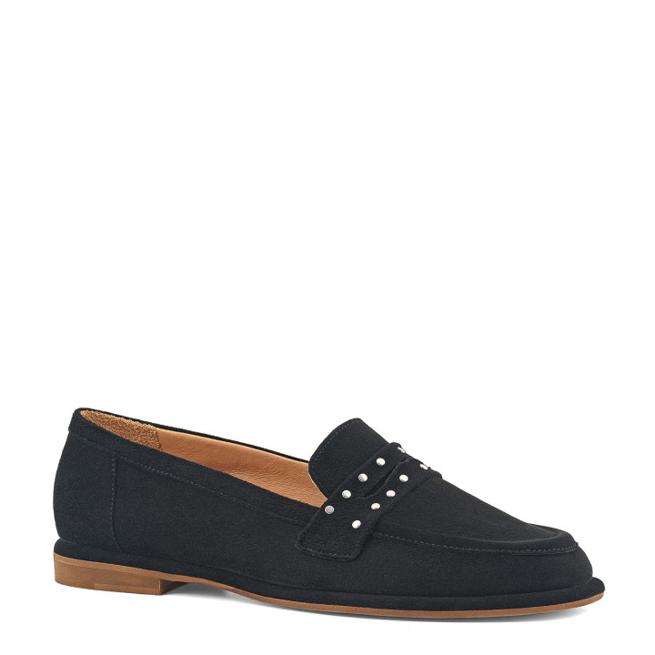 Black suede moccasins with studs and a flat sole