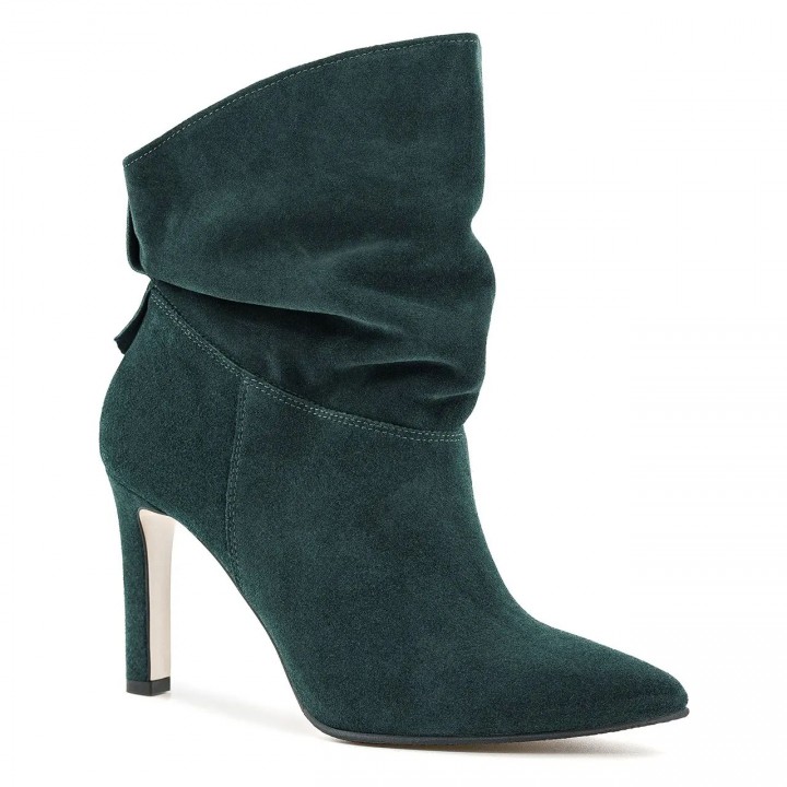 Green high-heeled ankle boots made of natural velour leather with a ruffled upper