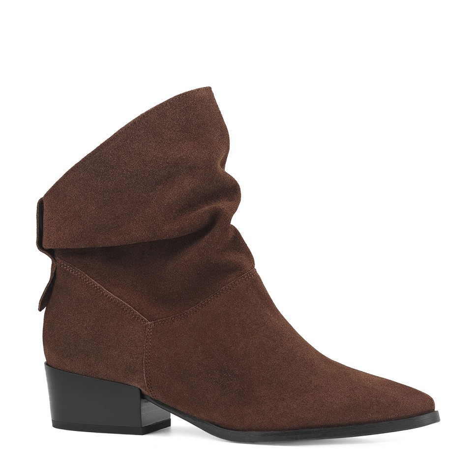 Brown boots made of natural velor leather with a low heel