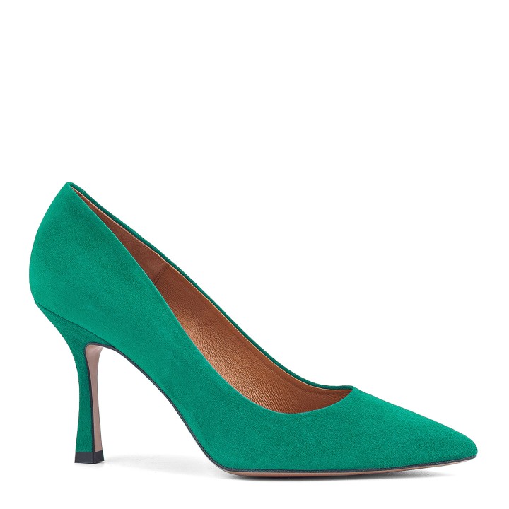 Green elegant high heels made of natural suede leather