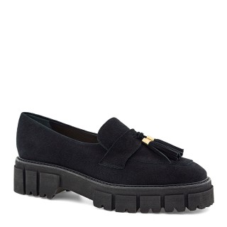Black women's loafers with a chunky sole and embellishment