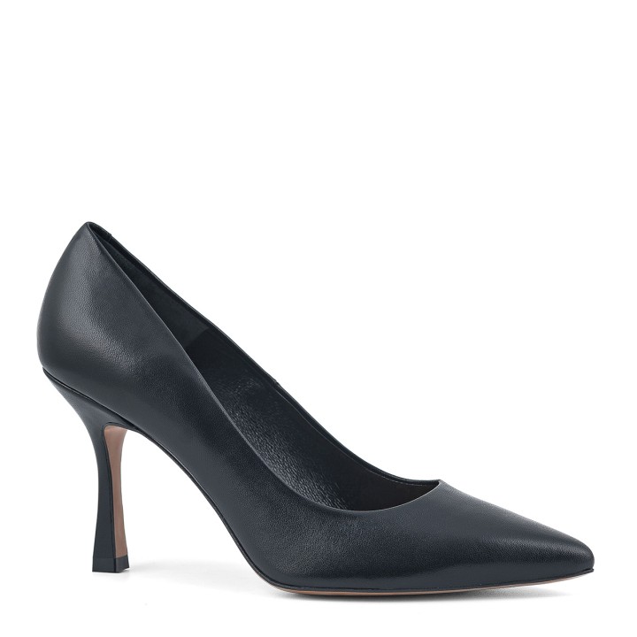 Black leather stiletto pumps with pointed toes