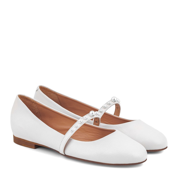 White wedding leather ballet flats with a strap and pearls