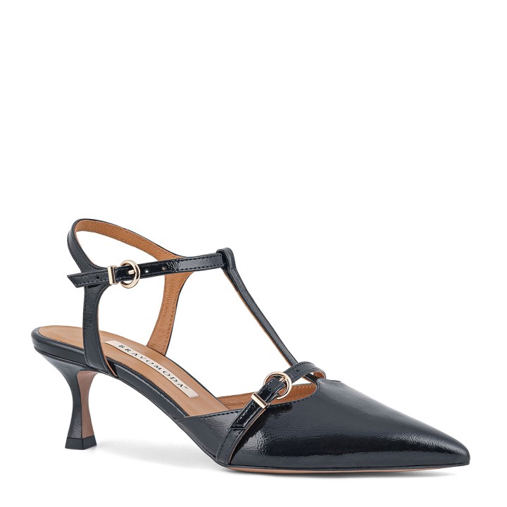 Black pumps made of natural patent leather with a high heel and open heel and sides