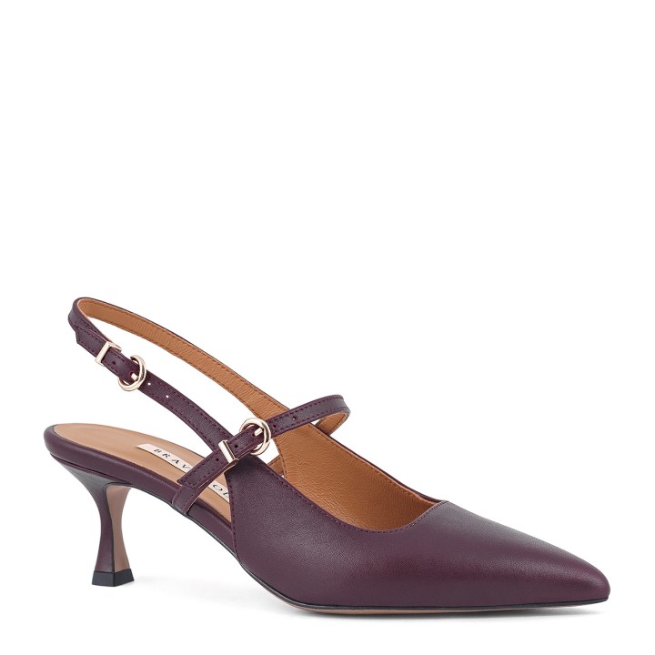 Burgundy pumps made of natural leather with a pointed toe and an adjustable strap