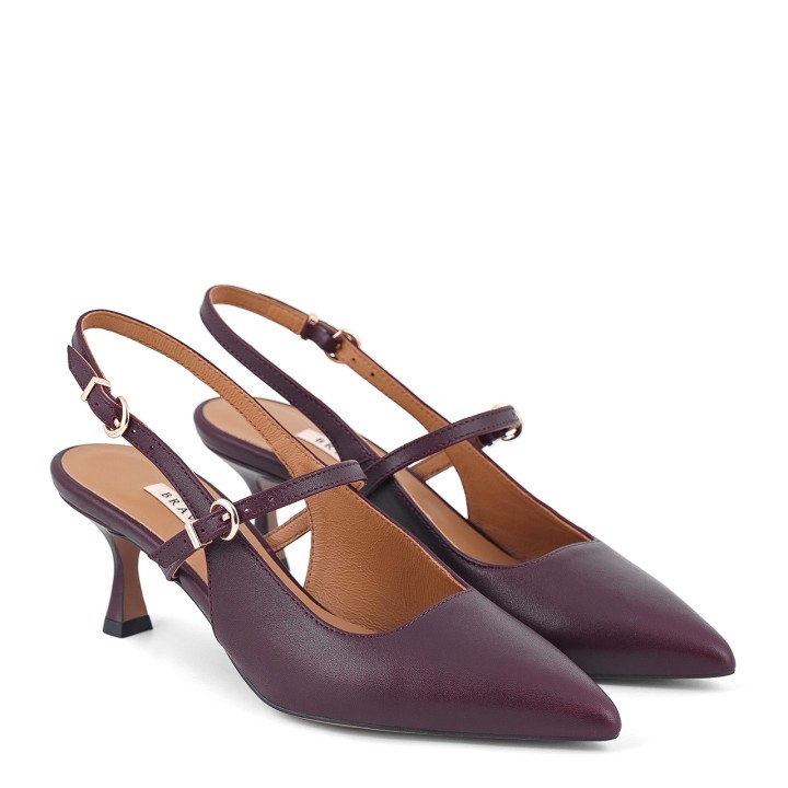 Burgundy pumps made of natural leather with a pointed toe, an adjustable strap and an open heel