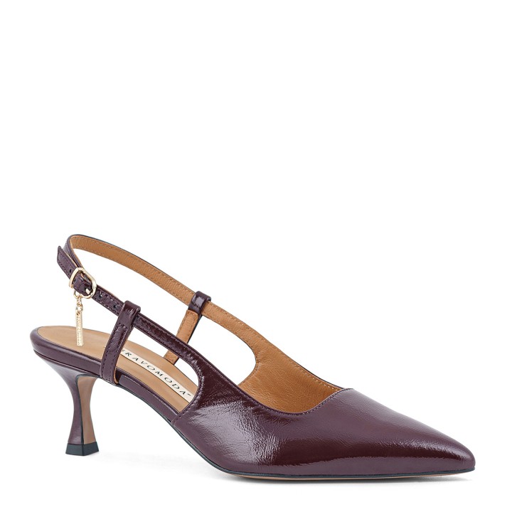 Burgundy pumps with an open heel made of natural patent leather