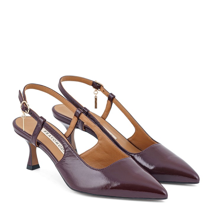 Burgundy pumps with an open heel and pointed toes