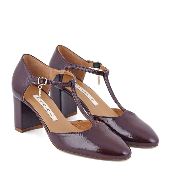 Burgundy high-heeled pumps made of natural patent leather with an adjustable strap