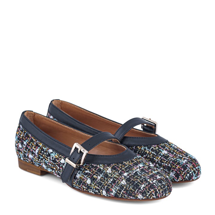 Ballet flats in colorful tweed with an adjustable strap