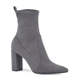 Gray ankle boots made of elastic fabric with a stable heel