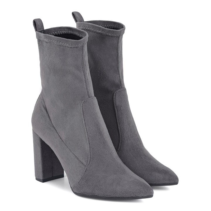 Graphite ankle boots made of elastic fabric with a stable heel