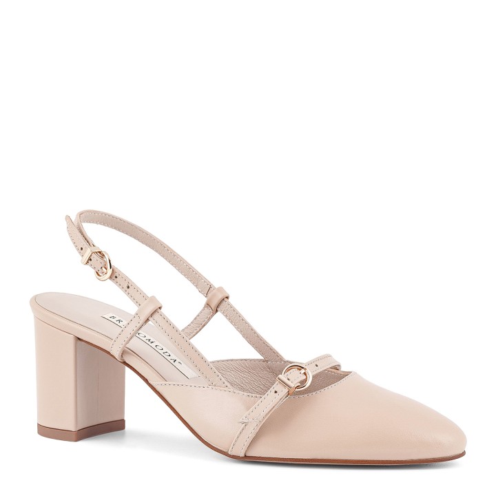 Beige pumps made of natural grain leather with a high heel and open heel and sides