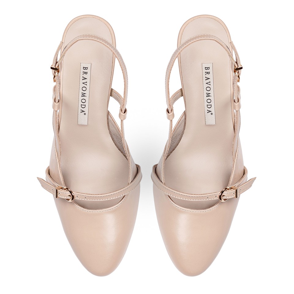 Beige high-heeled pumps with an open heel made of natural grain leather
