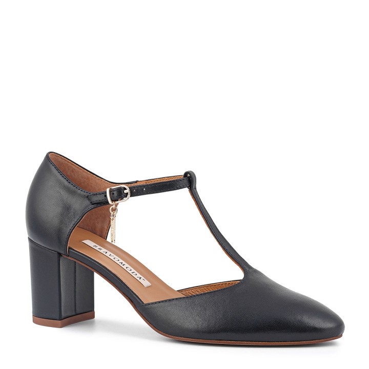 Black low-heeled pumps made of natural grain leather with an adjustable strap