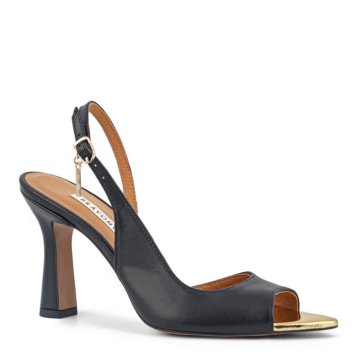 Black sandals made of natural grain leather with a high heel