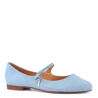 Light blue ballet flats with a belt made of natural suede leather