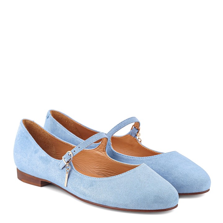 Blue spring ballet flats with a belt made of suede leather